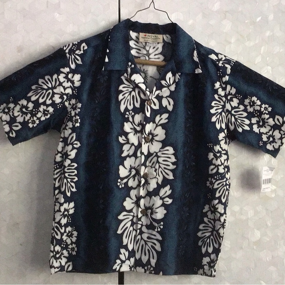 BOYS ALOHA COTTON BLUE SHIRT SIZE 14 SHORT SLEEVE